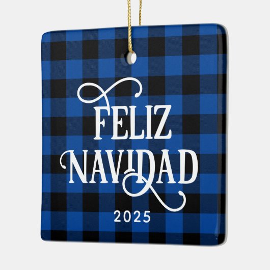 Feliz Navidad Blue Buffalo Plaid Family Photo Keramikornament (Links)