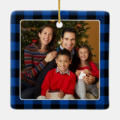 Feliz Navidad Blue Buffalo Plaid Family Photo Keramikornament (Rückseite)