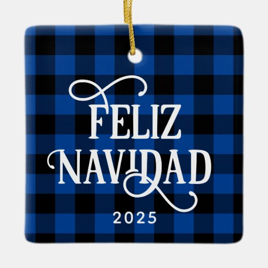 Feliz Navidad Blue Buffalo Plaid Family Photo Keramikornament (Vorderseite)