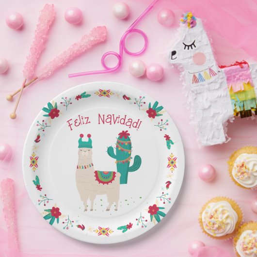 Feliz Navidad Bright und der festliche Llama Weihn Pappteller (Party)