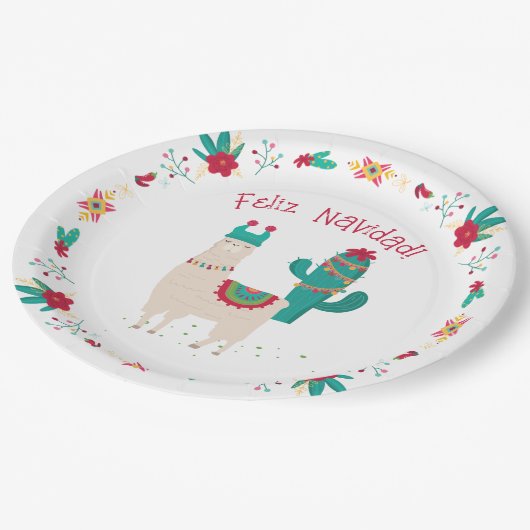 Feliz Navidad Bright und der festliche Llama Weihn Pappteller (Schrägansicht)