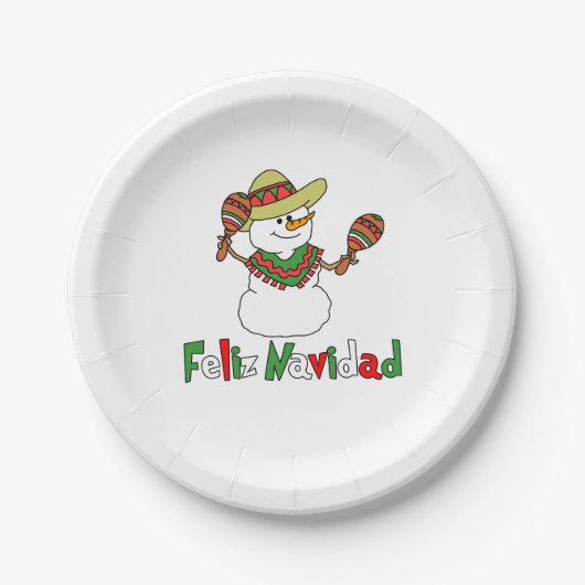 Feliz Navidad Cartoon Snowman Sombrero Maracas Pappteller (Vorderseite)