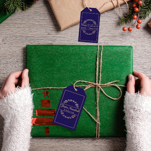 Feliz Navidad Christmas Blue & Golden Isaiah 9:6 Geschenkanhänger