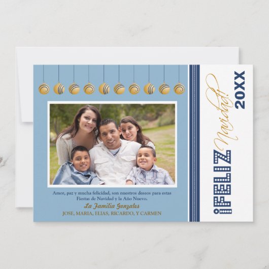 Feliz Navidad Custom Family Holiday Card (blau) Einladung (Vorderseite)