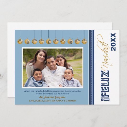 Feliz Navidad Custom Family Holiday Card (blau) Einladung (Vorne/Hinten)