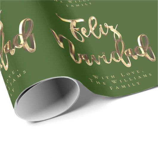 Feliz Navidad Elegant Green und Gold Script Geschenkpapier (Rolleneckpunkt)