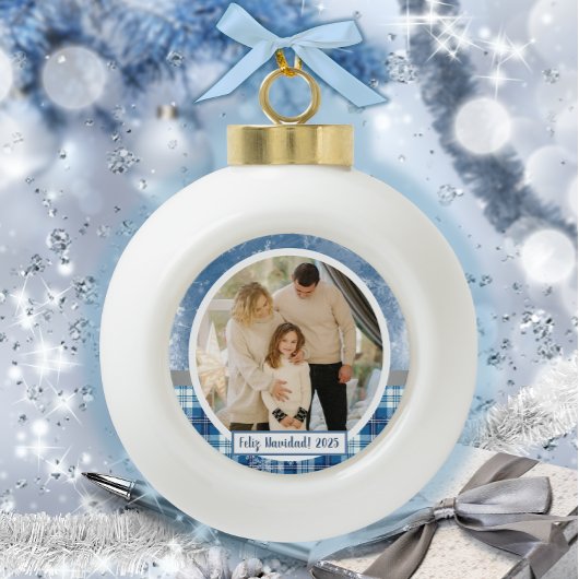 Feliz Navidad Elegante Azul Holiday Keramik Kugel-Ornament