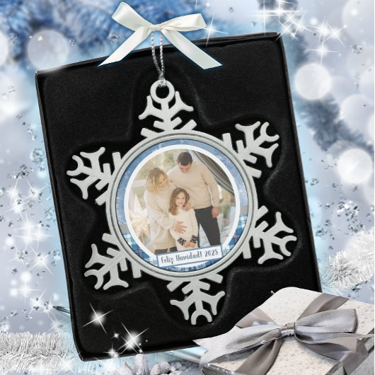 Feliz Navidad Elegante Azul Holiday Schneeflocken Zinn-Ornament