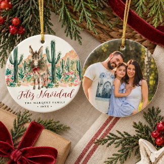 Feliz Navidad Esel-Familienfoto-Ornament Keramik Ornament