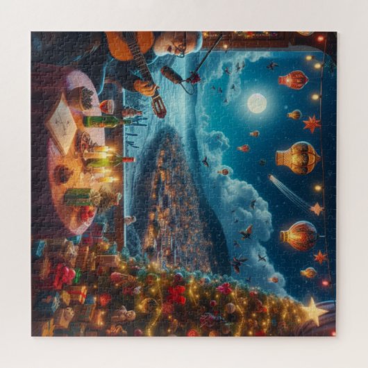 Feliz Navidad Festive Guitar Player Küstenstadt Puzzle (Horizontal)