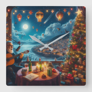 Feliz Navidad Festive Guitar Player Küstenstadt Quadratische Wanduhr