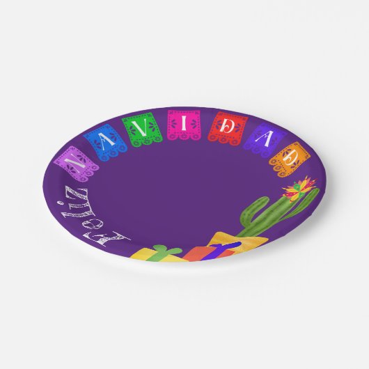 Feliz Navidad Fiesta Green Cactus on Lila Pappteller (Schrägansicht)