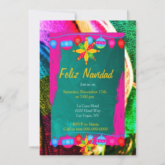 Feliz Navidad Fiesta on Pink & Green Sarape Einladung (Vorderseite)
