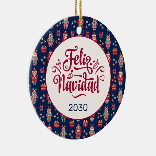 Feliz Navidad Folk Santa Reindeer Blue Custom Keramik Ornament (Rechts)