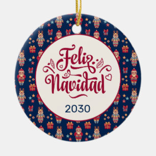 Feliz Navidad Folk Santa Reindeer Blue Custom Keramik Ornament