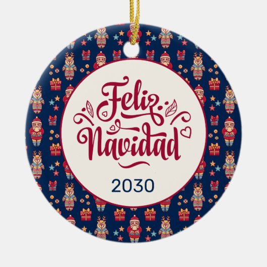Feliz Navidad Folk Santa Reindeer Blue Custom Keramik Ornament (Vorne)
