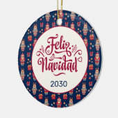 Feliz Navidad Folk Santa Reindeer Blue Custom Keramik Ornament (Links)