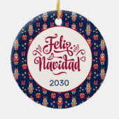 Feliz Navidad Folk Santa Reindeer Blue Custom Keramik Ornament (Hinten)