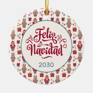 Feliz Navidad Folk Santa Reindeer Cream Custom Keramik Ornament