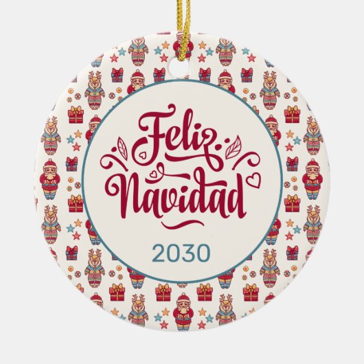 Feliz Navidad Folk Santa Reindeer Cream Custom Keramik Ornament (Vorne)