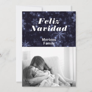 Feliz Navidad Foto & Schneeflocken auf Blue Flat C Einladung