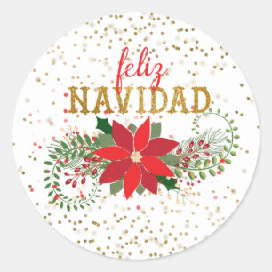 Feliz Navidad Gold Glitzer Poinsettia Runder Aufkleber