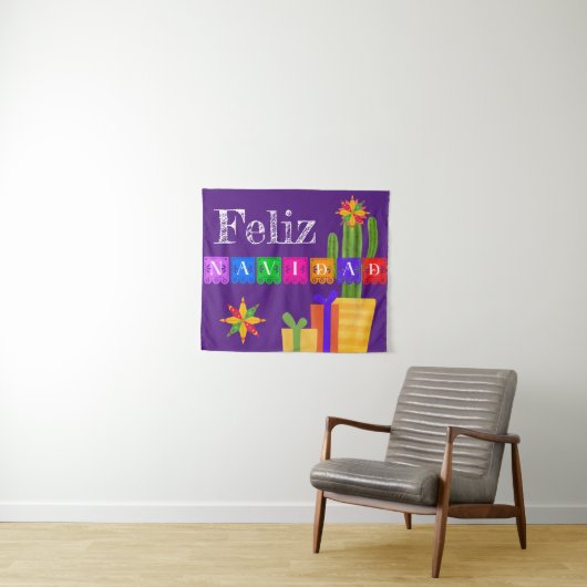 Feliz Navidad Green Cactus on Lila Wandteppich (Beispiel (Horizontal))
