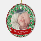 Feliz Navidad | Ihr Foto feierlich rot & grün Keramik Ornament (Links)