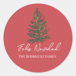 Feliz Navidad-Merry Christmas Tree and Lights  Runder Aufkleber