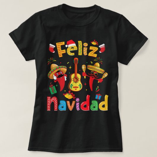 Feliz Navidad Mexican Fiesta Hot Pepper Guitar Xma T-Shirt (Design vorne)