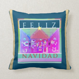 Feliz Navidad Mexican Nativity on Ocean Blue Kissen