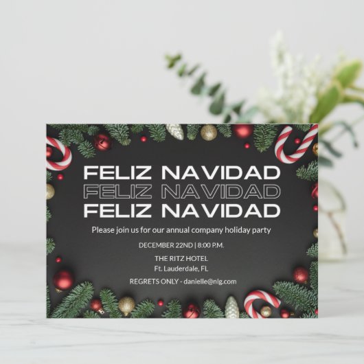 Feliz Navidad Office Company Christmas Party Einladung (Stehend Vorderseite)