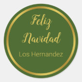 Feliz Navidad Oro y Verde Oscuro con Nombre Runder Aufkleber (Vorderseite)