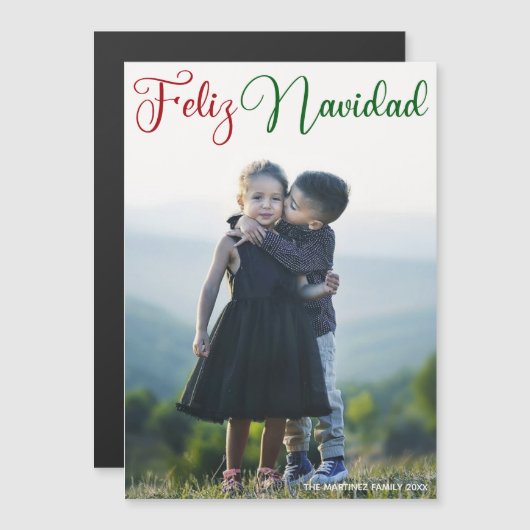Feliz Navidad Red Green Script Foto Magnet Card (Vorne/Hinten)