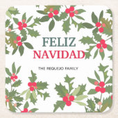 Feliz Navidad Red Holly Berries Weihnachten Rechteckiger Pappuntersetzer (Vorderseite)