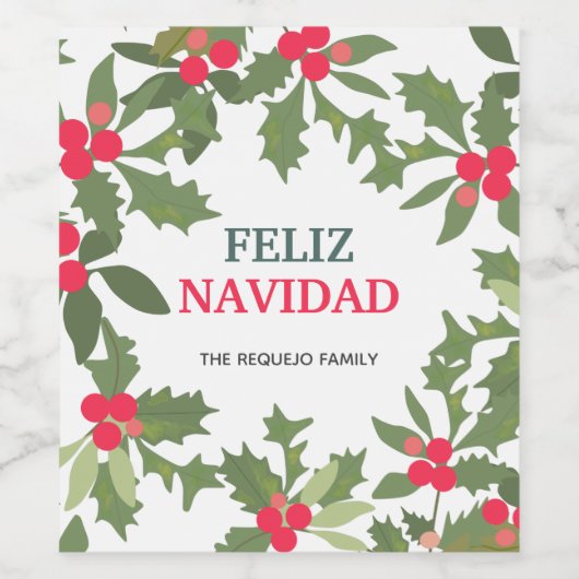 Feliz Navidad Red Holly Berries Weihnachten Weinetikett (Einzelnes Label)