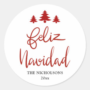Feliz Navidad Red Script Elegant Runder Aufkleber