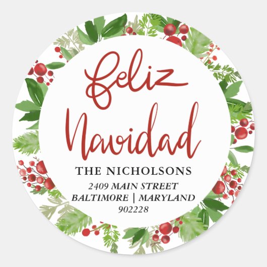 Feliz Navidad Red Watercolor Holly Wreath Runder Aufkleber (Vorderseite)