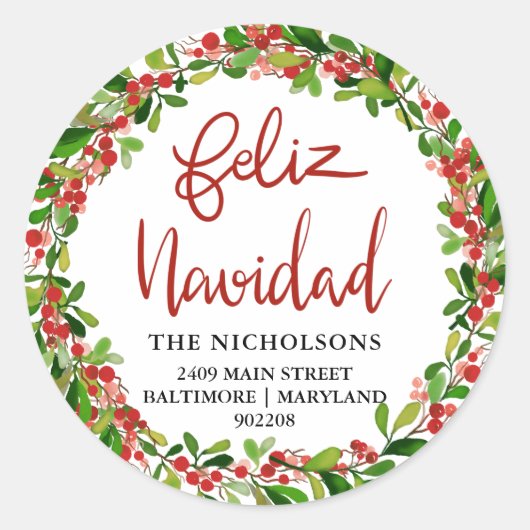 Feliz Navidad Red Watercolor Holly Wreath Runder Aufkleber (Vorderseite)