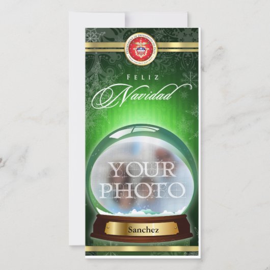Feliz Navidad Schnee-Kugel-personalisierte Feiertagskarte (Vorderseite)