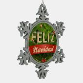 Feliz Navidad Schneeflocken Zinn-Ornament (Links)