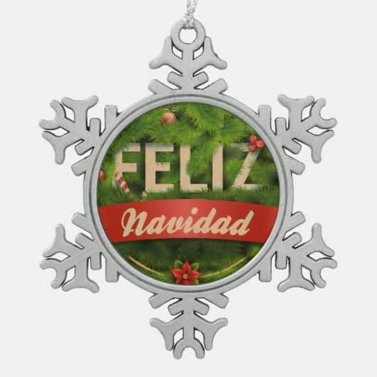 Feliz Navidad Schneeflocken Zinn-Ornament (Vorderseite)
