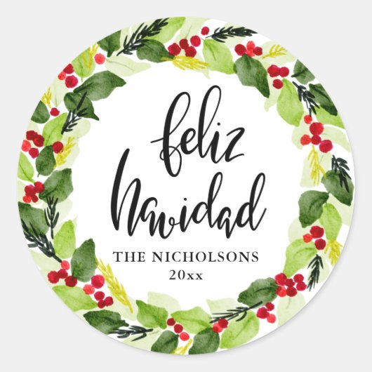 Feliz Navidad Script Red Berry Holiday Wreath Runder Aufkleber (Vorderseite)