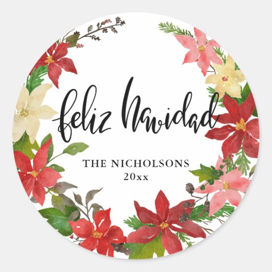 Feliz Navidad Script Red Poinsettia Floral Wreath Runder Aufkleber (Vorderseite)