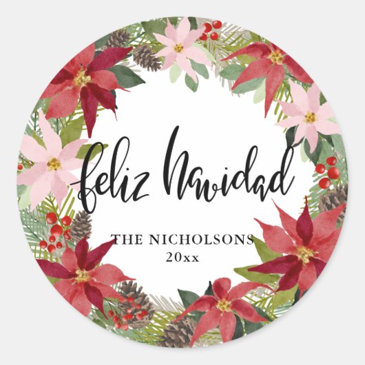 Feliz Navidad Script Red Poinsettia Wreath Runder Aufkleber (Vorderseite)