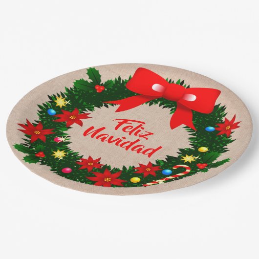 Feliz Navidad Set Frohe Weihnachtswraath Bow 9" Pappteller (Schrägansicht)
