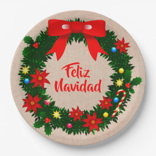 Feliz Navidad Set Frohe Weihnachtswraath Bow 9" Pappteller