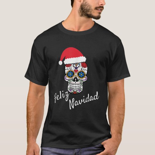 Feliz Navidad Skull Christmas Santa Hat T-Shirt (Vorderseite)