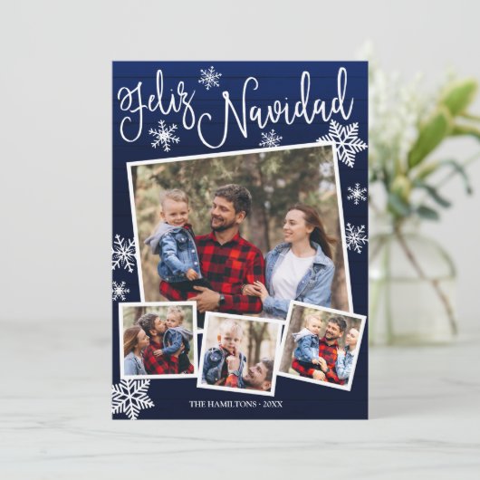 Feliz Navidad Snowflake Rustikale 4 Fotos Weihnach Einladung (Stehend Vorderseite)