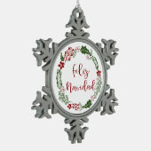 Feliz Navidad, spanischer Heiligabend Schneeflocken Zinn-Ornament (Links)